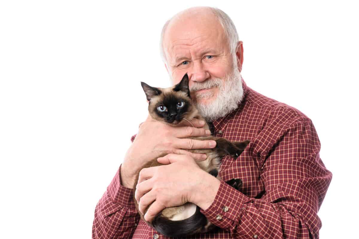 old man with siamese cat
